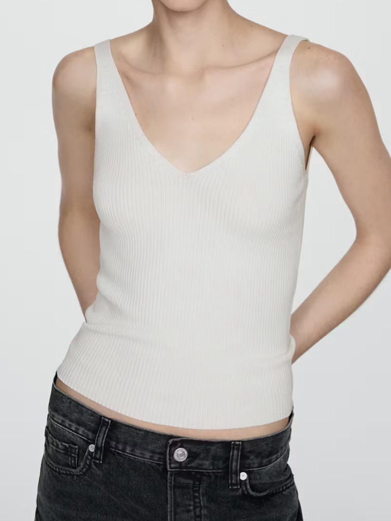 Mango White Ribbed V-Neck Tank Top Knit Strap Top 0353